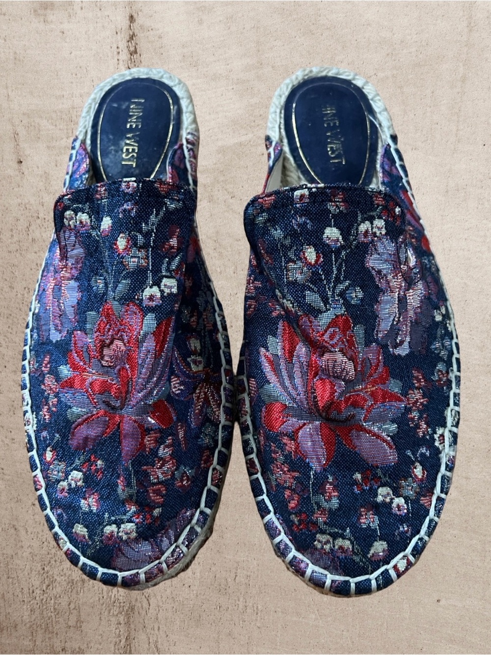 Nine West Volley Floral Espadrille Mules Slides Navy Red Size 9M